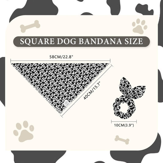 E-Clover Cow Print Dog Bandanas & Matching Scrunchie Set Fall Cowboys Theme Dog Scarf Bibs Pet Bandana with Bow Tie for Small Dogs Puppy Owner Mom Black White