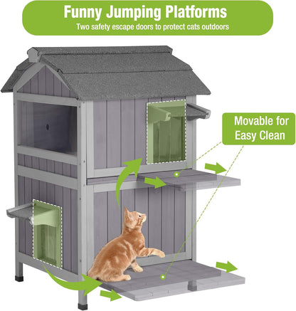 GUTINNEEN Outdoor Cat House Weatherproof Feral Cat Shelter with Escape Doors - 2-Story（AIR94）