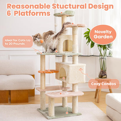 HYABi 59 Inch Flower Cat Tree Tower - Multi-Level Cat Condo with Plush Scratching Posts, Toy Balls, and Pet House, Indoor Play Platform for Large Adult Cats, Stylish Color Design