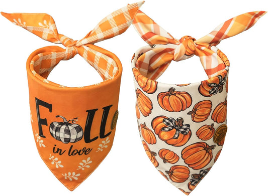 CROWNED BEAUTY Fall Dog Bandanas Reversible Large 2 Pack, Fall Pumpkin Set, Orange Adjustable Triangle Holiday Scarves for Medium Large Extra Large Dogs Boy Girl Pets DB187-L