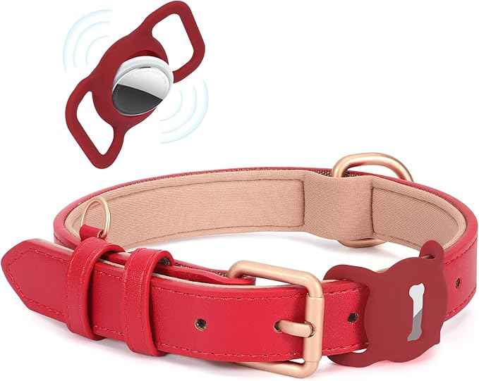 Airtag Leather Dog Collar for Small Medium Large Dog Adjustable Soft Padded Air Tag Puppy Collar Heavy Duty Metal Buckle Collar with Anti-Lost Airtag Holder Protective Case,XS,Red