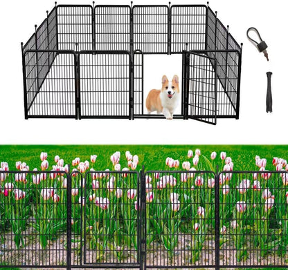 Tall Garden Fence, 52in(H) 10 Panels Total 22.1 Ft(L), Garden Fences and Borders for Dogs, Gate 21 inches Wide with Low Sills. Garden Animal Barrier, Flower Bed Fencing, Black Fencing for Dogs