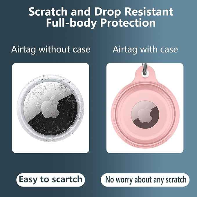 4 Pack IPX8 Waterproof Compatible with AirTag Keychain Holder Case, Lightweight, Anti-Scratch, Easy Installation,Soft Full-Body Shockproof for Luggage,Keys, Dog Collar (Black+Clear+Pink+Blue)