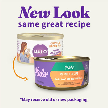 Halo Wet Kitten Food Whole Chicken Recipe, Grain Free Wet Cat Pate, Canned Cat Food to Support Brain Development, 3 Oz Can (Pack of 12)