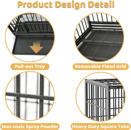 36 Inch Collapsible Dog Crate, Heavy Duty Dog Cage for Small/Medium Dogs, 2-Door Dog Kennel with Top Access, Lockable Wheels, Tray & Metal Floor Grid