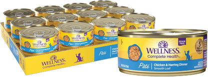 Wellness Complete Health Pate Adult Wet Cat Food, Natural, Protein-Rich, Grain Free, 5.5 Ounce, 24 Pack, (Chicken & Herring)