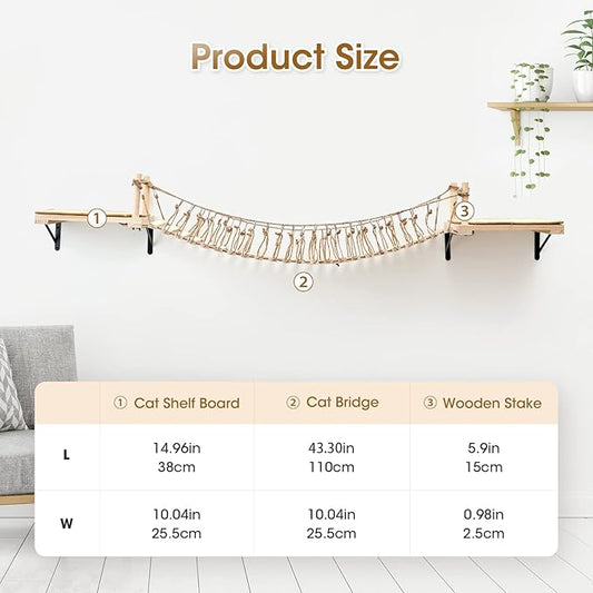 A.FATI Wall-Mounted Cat Roped Bridge Long for Indoor Cats, Cat Wall Shelves for Sleeping, Playing, Climbing, Wooden Cats Bed and Perches with Sisal Scratch Mat