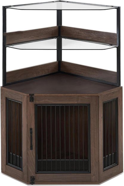 MCombo Small Corner Dog Crate Furniture with Glass Shelves, Wooden Dog Kennel Furniture with Door, Pet Crate Indoor Use, CN17 (Brown)