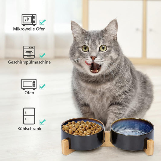 SPUNKYJUNKY Ceramic Dog and Cat Bowl Set with Wooden Stand, Modern Cute Weighted Food Water Set for Small Size Dogs (13.5OZ) & Medium Sized Dogs (28.7OZ) & Cats (1.7 Cups, 2 × Starry Blue)