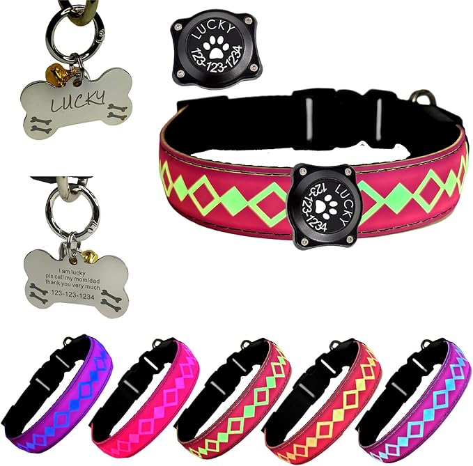 LED Dog Collar with AirTag Holder and Custom ID Tag, 15 Light Modes, Waterproof, Multiple Colors (PINK, XL(19.7-23.6"))