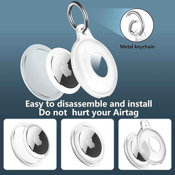 4 Pack IPX8 Waterproof Compatible with AirTag Keychain Holder Case,Lightweight, Anti-Scratch,Easy Installation,Soft Full-Body Shockproof for Luggage,Keys,Dog Collar(Clear/Black/Black/Blue)