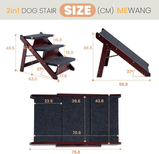 MEWANG Wooden Pet Stairs/Pet Steps - 3-in-1 Foldable Stairs & Ramp for Beds and Cars - Portable Dog/Cat Ladder Up to 220 Pounds - Great for Small and Older Animals(Brown) (24.8" L x 17.2" W x 19.5" H)