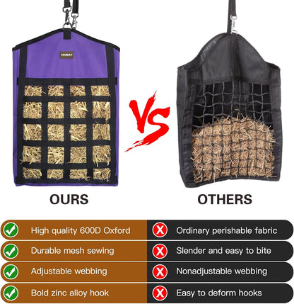 Hay Bags for Horses,3 Packs Slow Feed Hay Bags for Goats,Sheep,Donkey,Premium Oxford Hay Feed Bags with Front Hay Nets Design, Easy to Fill and Hang with Large Opening (2Purple + 1Black)