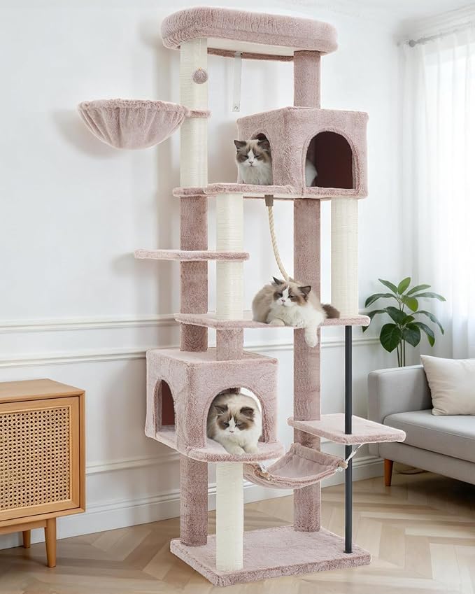 Cat Tree for Indoor Cats Large Adult, 70.5'' Cat Tower with Scratching Post, Sturdy Steel Pube Cat Tree Tower with Large Playing Platfrom, Hammock and Basket, Top Perch, Mushroom GCT024MU