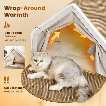Cat Houses for Indoor Cats - Large Cat Bed Cave with Natural Sisal Cat Scratcher Mat, Solid Wood Frame Cat House with Curtains and Cat Floor Scratching Pad Rug, Protect Couch and Carpets, L
