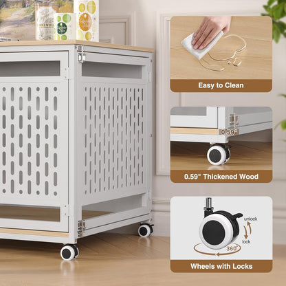40.1" Dog Crate Furniture for Medium/Large Breed, Dog Kennel Furniture with Wheels, Heavy Duty Wooden End Side Table Pet Cage Indoor, Chew-Resistant, White