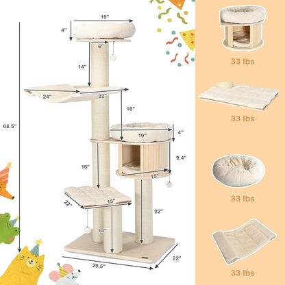 PETSITE 68.5" Tall Cat Tree, Multi-Level Modern Cat Tower with Sisal Scratching Posts, Top Perch, Cat Condo, Hammock, Jingling Balls, and Washable Cushions, Cat Tree Tower for Indoor Cats Large Adult