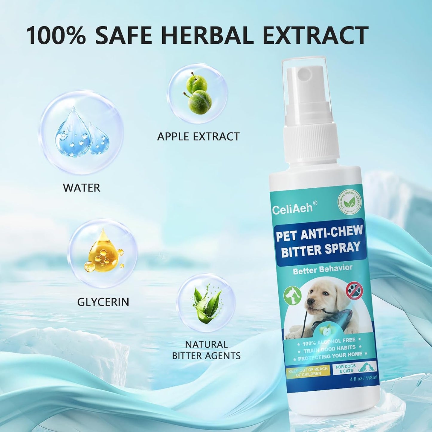 Bitter Apple Spray for Dogs 118 ML - Stop Chewing & Licking, Puppy Training Aid, No Chew Deterrent for Furniture, Shoes, Wounds - Safe Formula for Indoor & Outdoor Use