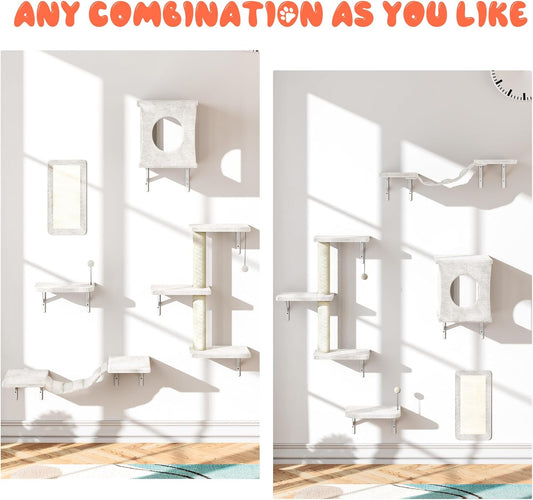 NUNU LAB Cat Wall Shelves Set, 5 Pcs Wall-Mounted Cat Climber with Condo House, Bridge Ladder, Scratching Post, Indoor Cat Furniture Set, Beige