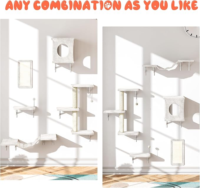 NUNU LAB Wall Mounted Cat Wall Shelves, 10-in-1 Cat Wall Climber with Kitten House, Bridge, Steps, Scratcher, Indoor Space-Saving Furniture for Kittens Play, Beige