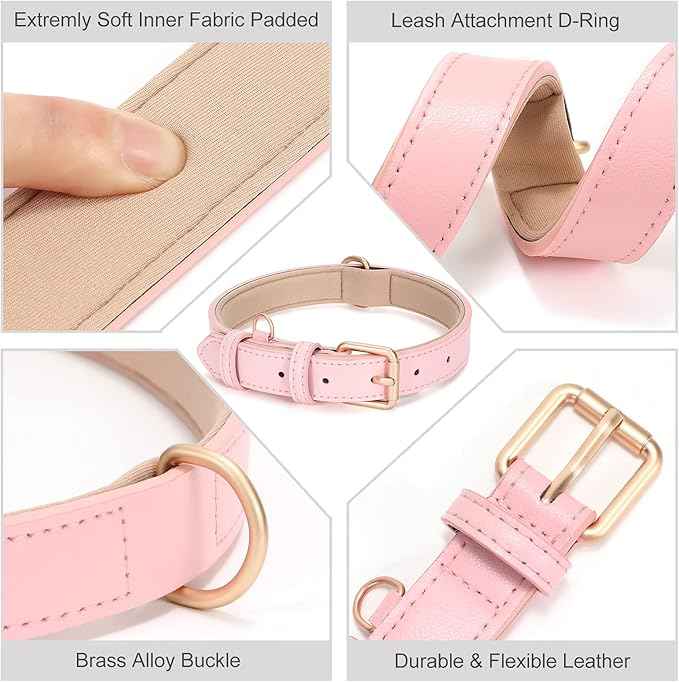 Airtag Leather Dog Collar for Small Medium Large Dog Adjustable Soft Padded Air Tag Puppy Collar Heavy Duty Metal Buckle Collar with Anti-Lost Airtag Holder Protective Case,M,Pink