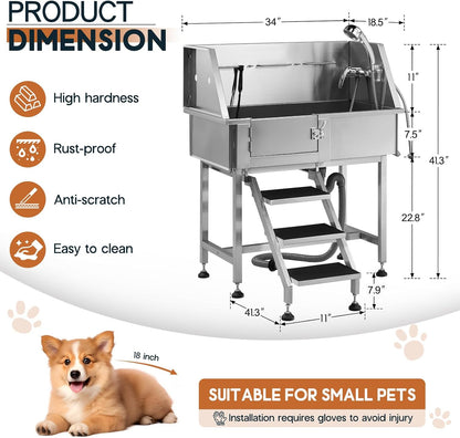 Albott 34 Inch Stainless Steel Dog Washing Station with Non-Slip Steps, Sprayer, Faucet, Tow Rope – Professional Pet Bathtub for Small Dogs, Great for Home, Garage, Salon (Left Door)