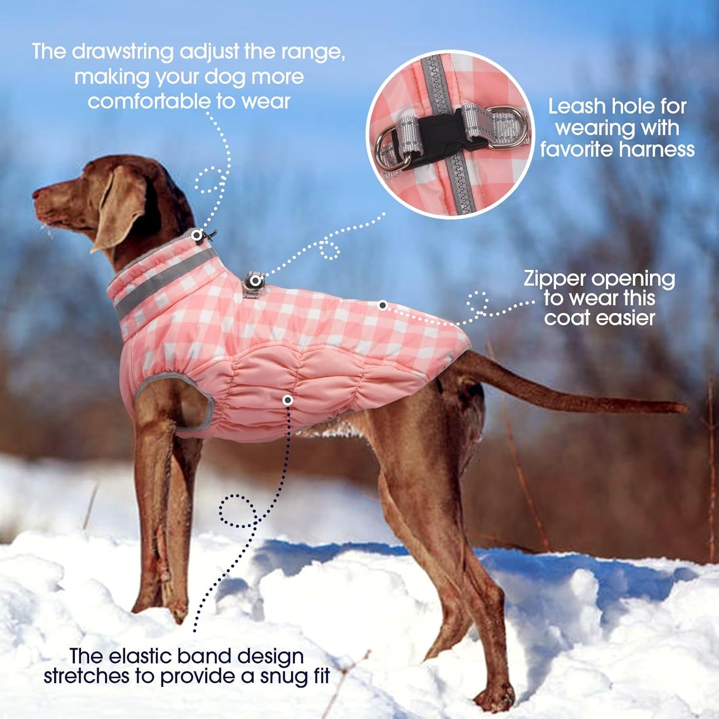 FUAMEY Dog Coat for Large Dogs,Waterproof Dog Winter Jacket with Harness Built in Puppy Cold Weather Coats Reflective Pet Vest with Zipper Warm Fleece Dogs Snowsuit Windproof Pink Plaid XL