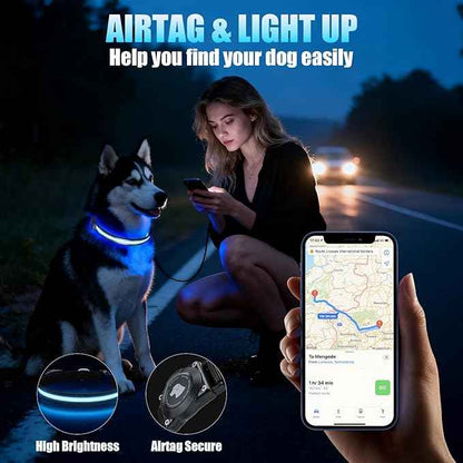 LED AirTag Dog Collar - Brightest Light Up Dog Collars - IP68 Waterproof Air Tag Dog Collar Holder - 1,600 Feet of High Visibility - Magnetic Charging - Dog Lights for Night Walking, Black M
