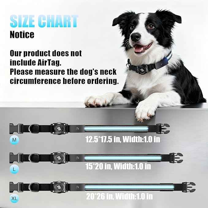 LED AirTag Dog Collar - Brightest Light Up Dog Collars - IP68 Waterproof Air Tag Dog Collar Holder - 1,600 Feet of High Visibility - Magnetic Charging - Dog Lights for Night Walking, Black M
