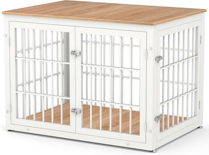 42 Inch Heavy Duty Dog Crate Furniture for Large and Medium Dogs, Decorative Pet House End Table, Wooden Cage Kennel Furniture Indoor, Natural and White