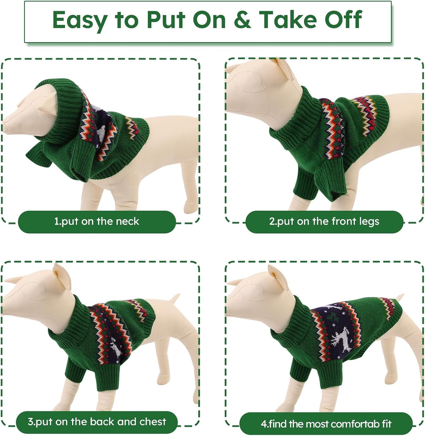Queenmore Dog Christmas Sweater,Turtleneck Knitted Pullover Xmas Pet Clothes Sweatshirt,Christmas Outfit, Warm Dog Sweaters for Small Dogs Boy Girl,XmasDeer,L