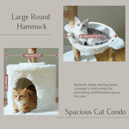 PAWZ Road Cat Tree for Indoor Cats Large Adults, 59 Inches Modern Cat Tower with Large Basket and Hammock, Natural Solid Wood, Luxury Condo & Dual Perches, Modern Cat Furniture for Big Cats, White