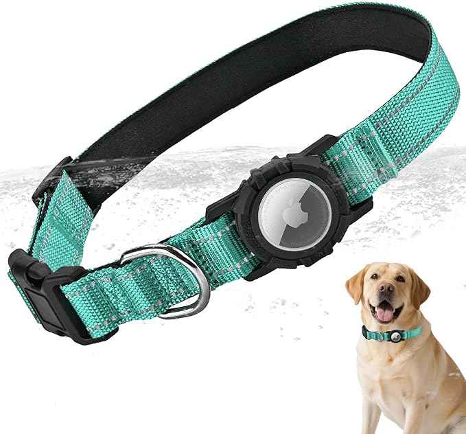 Airtag Dog Collar with Waterproof Air Tag Holder, Integrated Reflective Pet Collar with Soft Padding, Adjustable Nylon Collar for Small Medium Large Dogs, Green,L (16.1"-23.6")