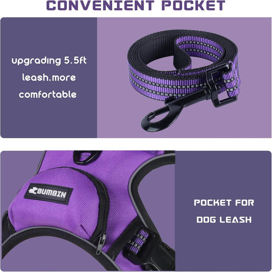 BUMBIN Dog Harness for Large Dogs, No Pull Adjustable No Choke Pet Vest with Dog Leash Fit Smart Reflective Pet Walking Harness for Training Easy Control Soft Handle Purple S
