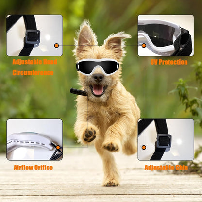 Dog Goggles Small Breed Dog Sunglasses with Adjustable for UV Protection Eyewear Doggy Doggie Puppy Glasses Anti-Fog Wind Dust Snowproof (White Frame Black Lens)