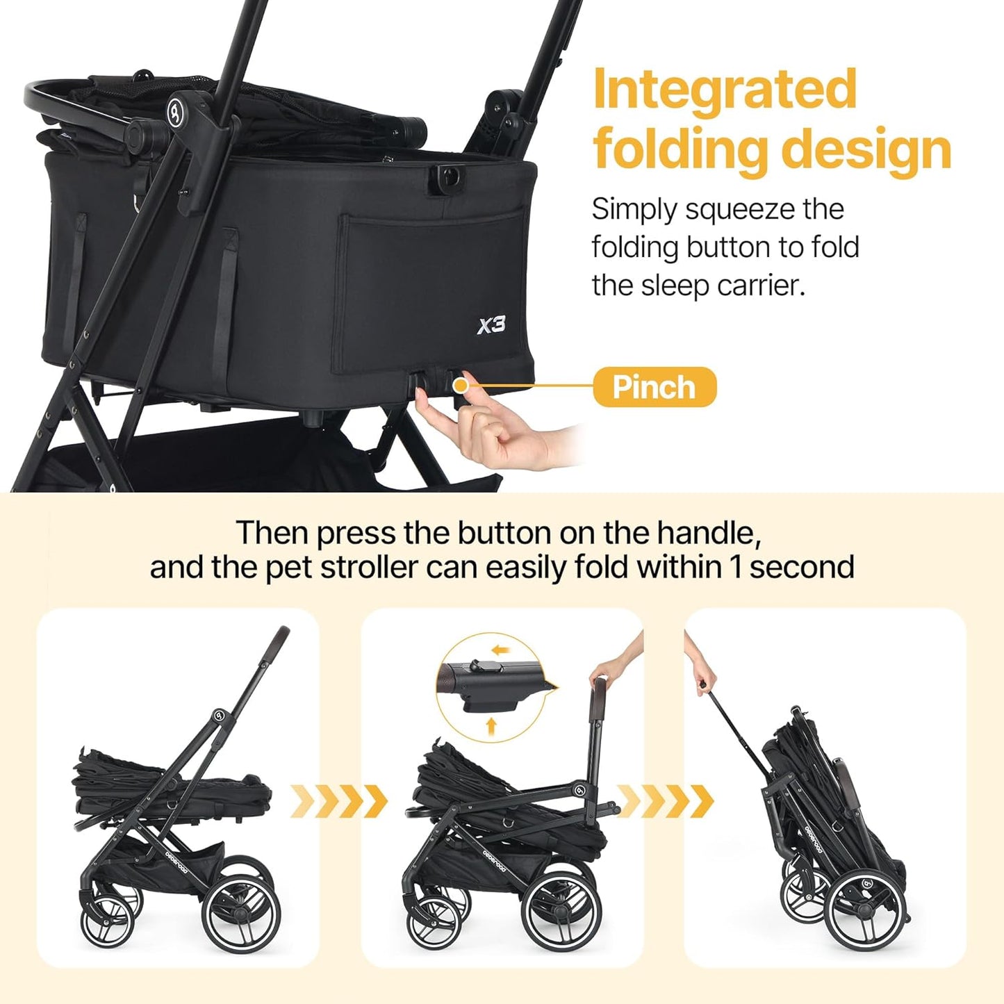 X3 2 in 1 Pet Stroller for Medium or Two Small Dogs & Cats 4 Wheels Lightweight Foldable Carrier Dog Stroller with Waterproof Weather Cover Cup Holder,Storage Basket(Black) - Pawvie
