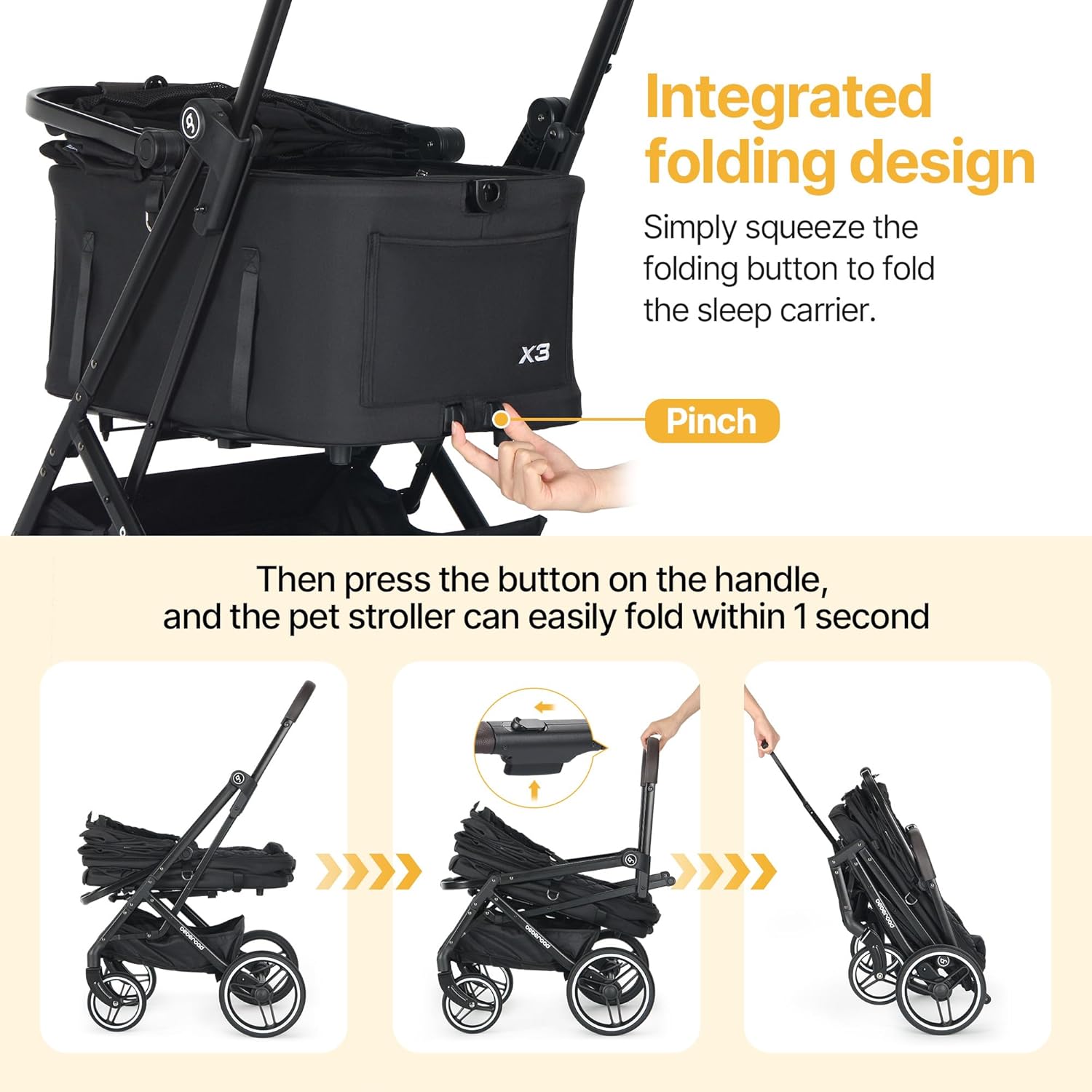 X3 2 in 1 Pet Stroller for Medium or Two Small Dogs & Cats 4 Wheels Lightweight Foldable Carrier Dog Stroller with Waterproof Weather Cover Cup Holder,Storage Basket(Black) - Pawvie