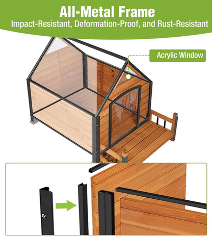 GUTINNEEN Dog House Outdoor Weatherproof with Porch, Puppy Shelter Indoor with Anti-Bite Design, PVC Curtain, Asphalt Roof, Elevated Waterproof Base, for Small to Medium Dogs - Brown