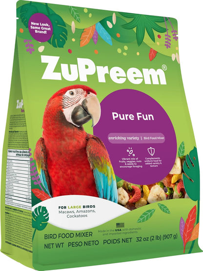 ZuPreem Pure Fun Bird Food, Amazon, Cockatoo, Macaw, Seed and Pellet Blend for Large Birds, Food Mixer Topper, Enriching Variety, Made in USA, Bird Seed for Large Birds (L, 2 lbs)