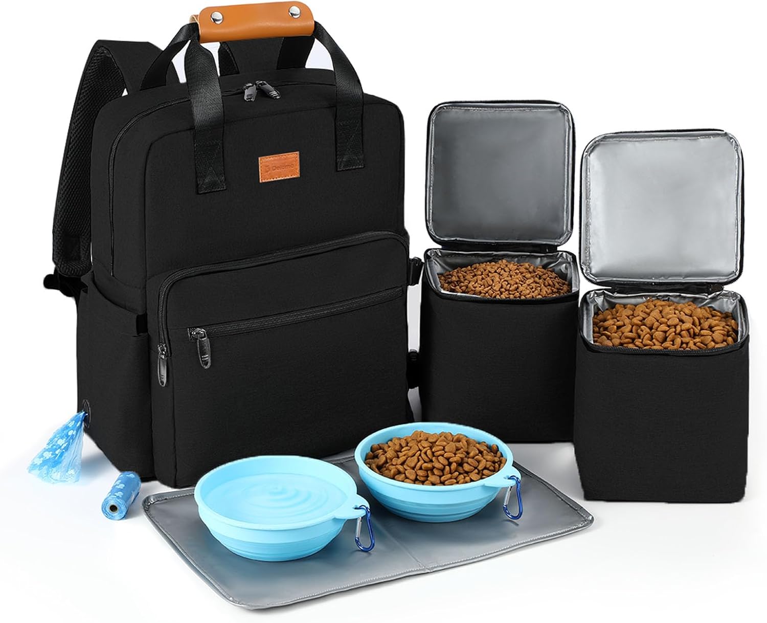 Dog Travel Bag, 25L Airline Approved Dog Travel Backpack for Pet Travel Accessories with 2 Food Storage Containers, 2 Foldable Bowls for Short Trips, Black - Pawvie