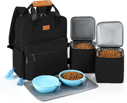 Dog Travel Bag, 25L Airline Approved Dog Travel Backpack for Pet Travel Accessories with 2 Food Storage Containers, 2 Foldable Bowls for Short Trips, Black - Pawvie