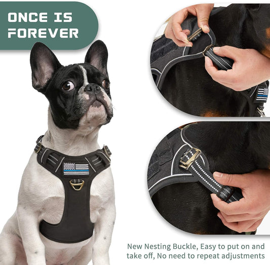 BUMBIN Tactical Dog Harness for Medium Dogs, No Pull, Reflective, Adjustable, Black, M(Neck:16-20", Chest:17-27")