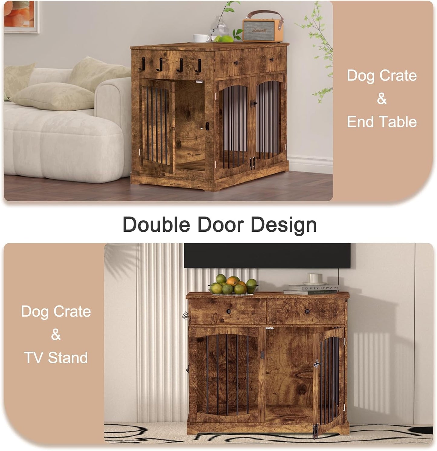 BREEZEHEAT 40 inch Dog Crate Furniture-Farmhouse Dog Kennel with Drawers-End Table Wooden Pet Crate, Double Door Design, Decorative Dog House Indoor for Small Medium Large Dog,Brwon