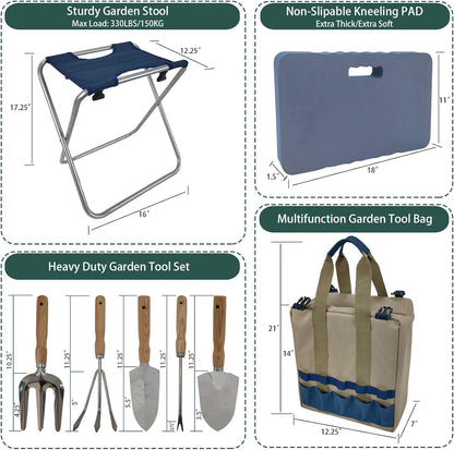 Garden Folding Gardener Stool with Gardening Tools Insulation Garden Bags Plus 5 Garden Tools and Gardening Kneeler Ideal Gift for Mother's Day/Father's Day (Navy Blue)