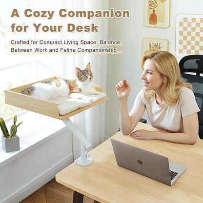 PAWZ Road Cat Desk Bed, Wooden Cat Bed for Desk Supports Up to 50 lbs, 360° Rotation & Adjustable, Nest Desktop Attachment Cats Hammock for Table, Beige