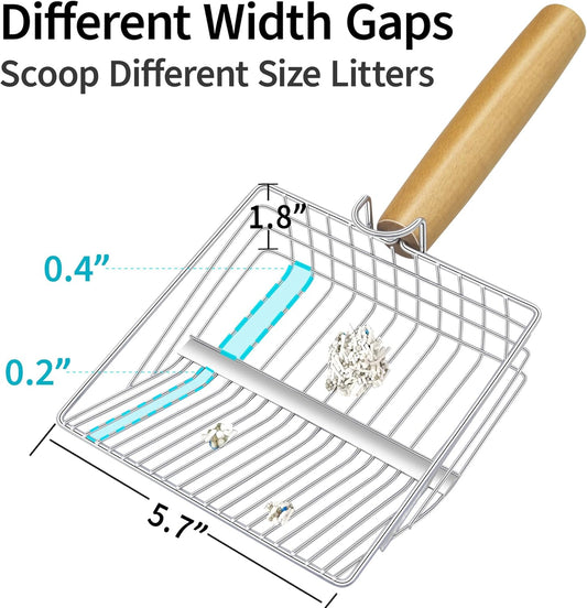 UFECODO Fast Sifting Cat Litter Scoop with Holder Stand, 2 Widths of Slots Stainless Steel Poop Scooper with Ergonomic Wood Handle, Heavy Duty and Easy Clean