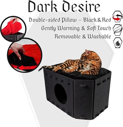 Gothic Cat Bed for Indoor Cats or Pets, Foldable as Halloween Cat House with Soft Cushion for Goth Bed, Gothic Cat House, Coffin Shape Cat Cave Bed, Black and Red Color Halloween Cat Bed