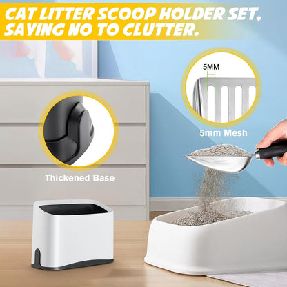 Cat Litter Scooper with Holder, Stainless Steel Cat Litter Scoop, Kitty Poop Scooper Stand for Litter Box, Cat Caddy for Litter Scoop, Fast Sifting Kitty Poop Scooper Caddy Poop Scooper Stand