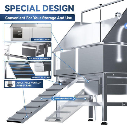 Professional 46" Dog Washing Station, Stainless Steel Dog Bathing Station, Height Adjustable Dog Wash Station, Storage Drawer, Upgrade Parts, Home, Commercial (Left Ramp)