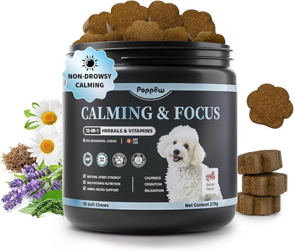 Calming Chews for Dogs – Calming Treats for Anxiety, Stress, Separation, Travel&Thunder, Relaxation & Focus Support with L-Theanine, Valerian Root, Chamomile & Ashwagandha, Bacon Flavor, 90Ct